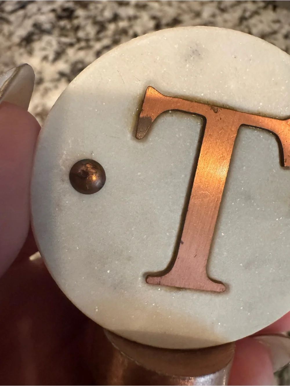 Monogram 'T' Marble and Cork Wine Bottle Stopper - Copper Accent